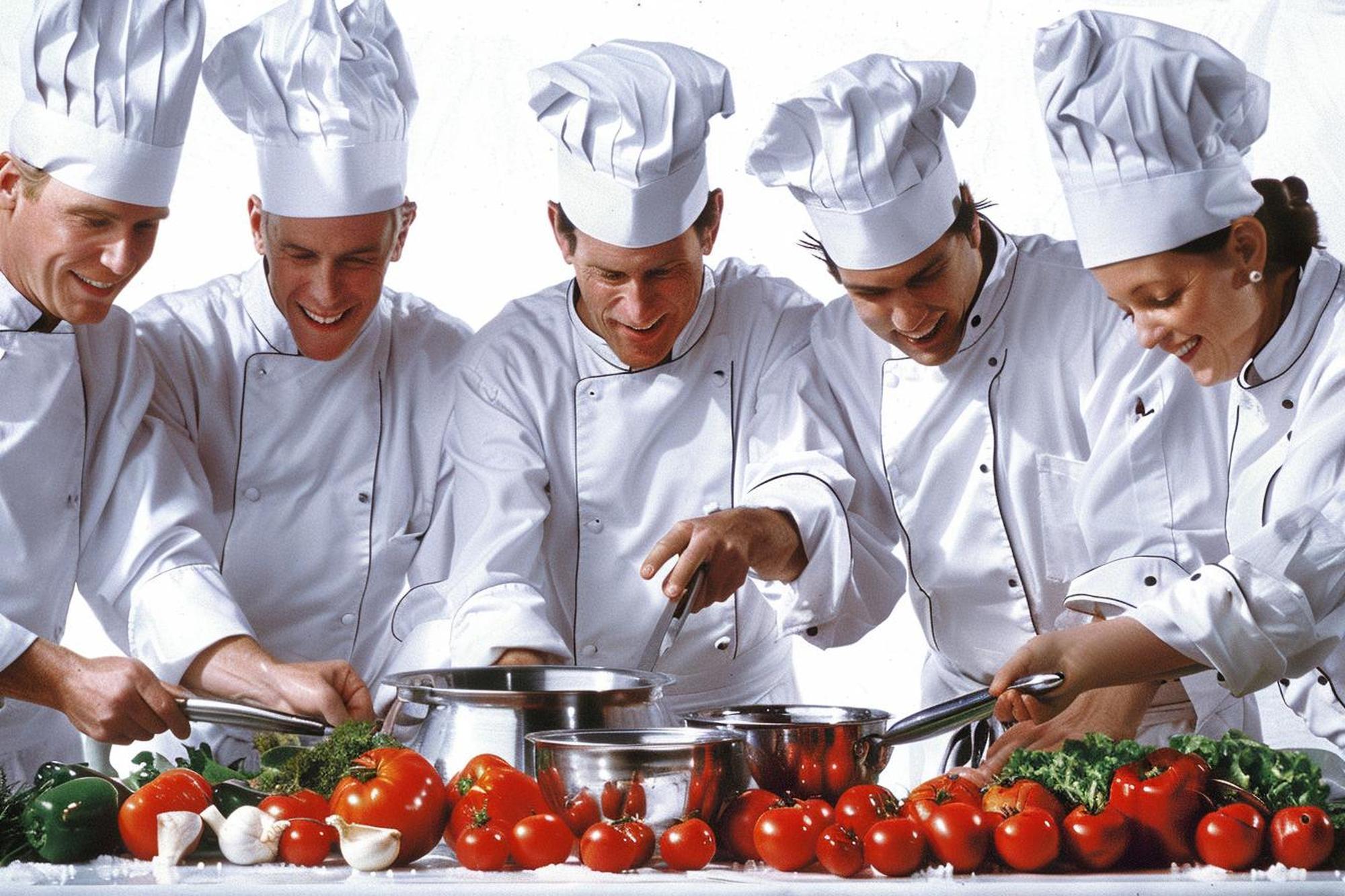 Chef teaching a small class in modern kitchen